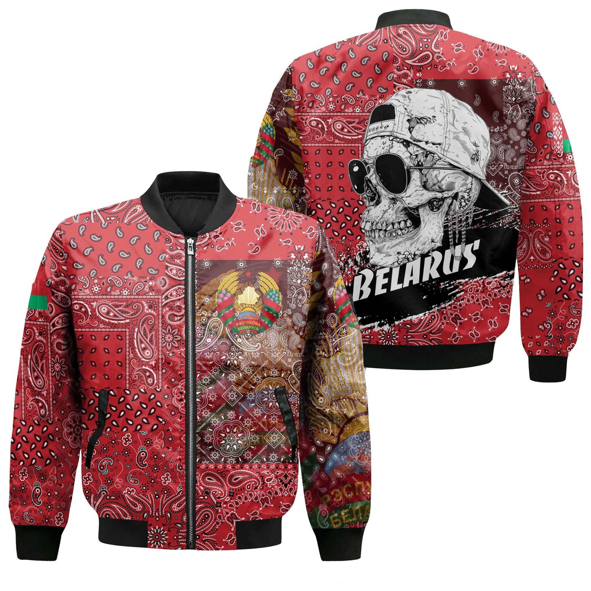 Belarus Bomber Jacket Paisley Flag And Skull Style 1