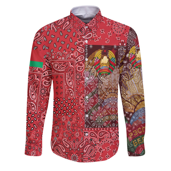 Belarus Long Sleeve Button Shirt Paisley Flag And Skull Style 1