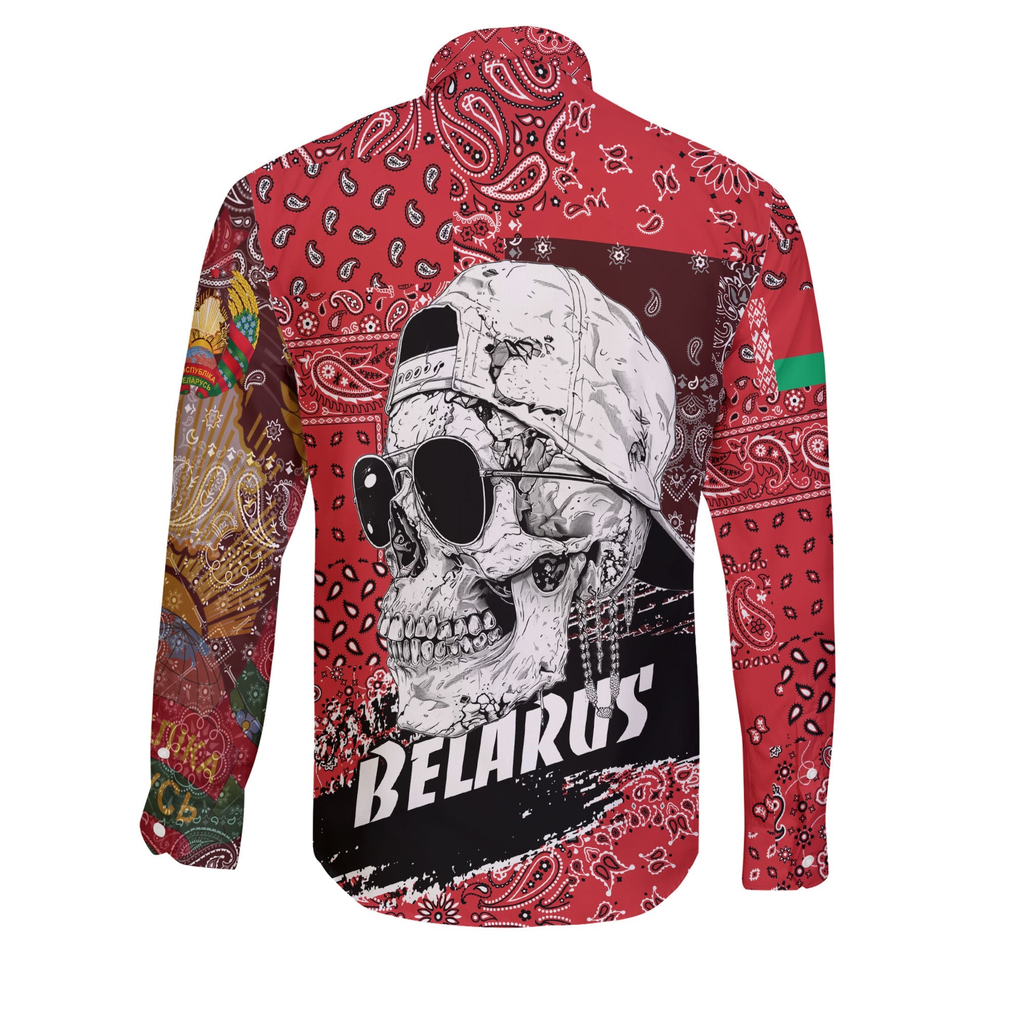 Belarus Long Sleeve Button Shirt Paisley Flag And Skull Style 2