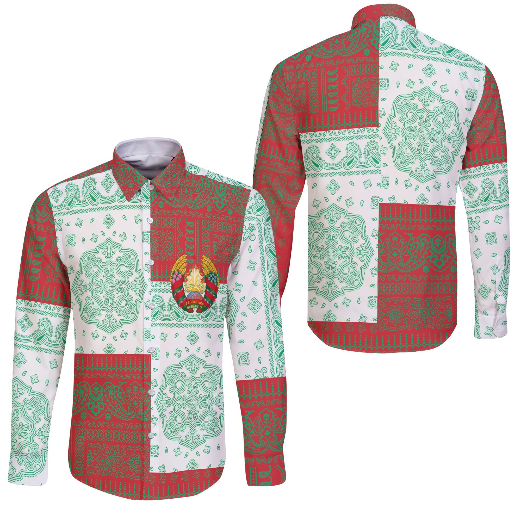 Belarus Long Sleeve Button Shirt Flag And Paisley Basic Style 3