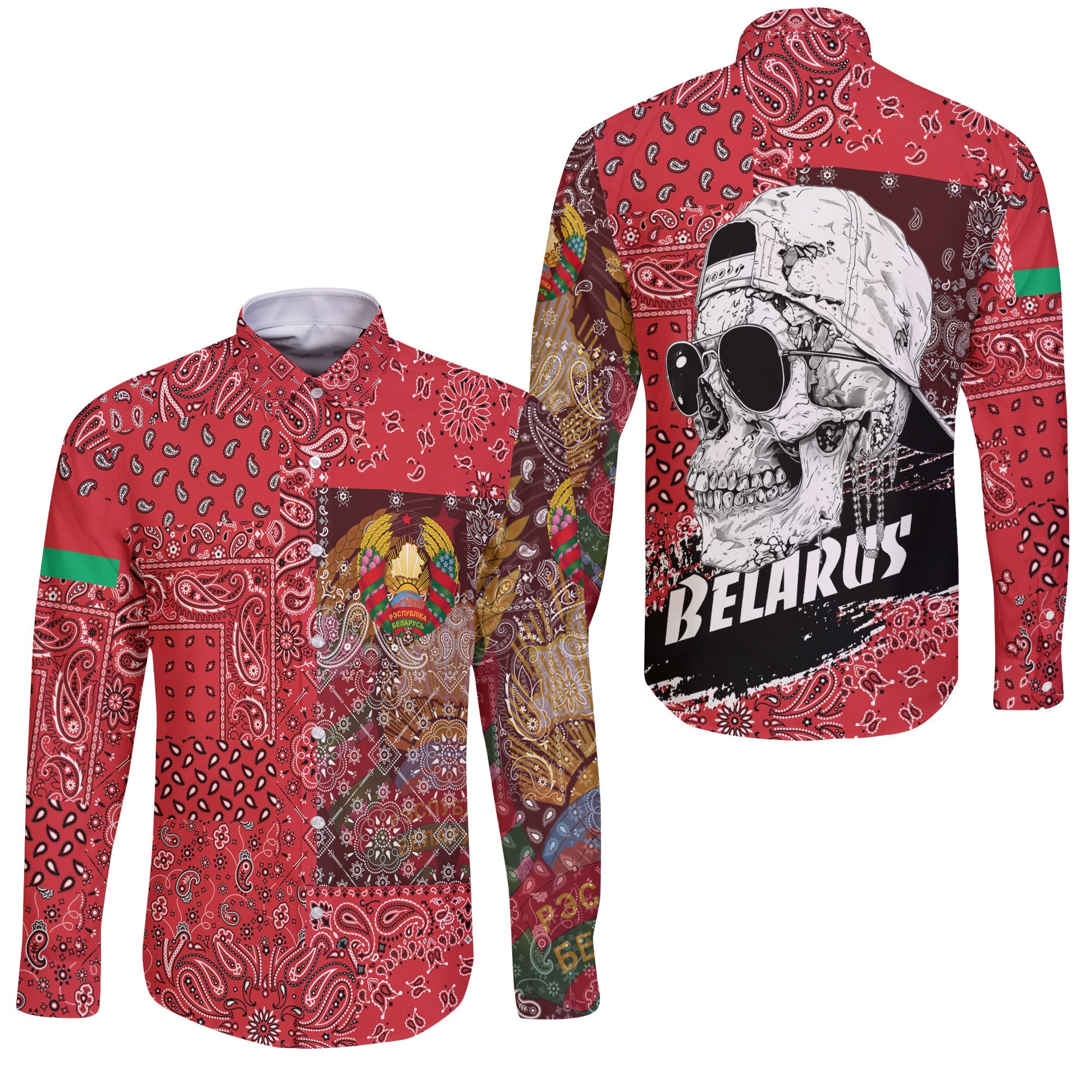 Belarus Long Sleeve Button Shirt Paisley Flag And Skull Style 3