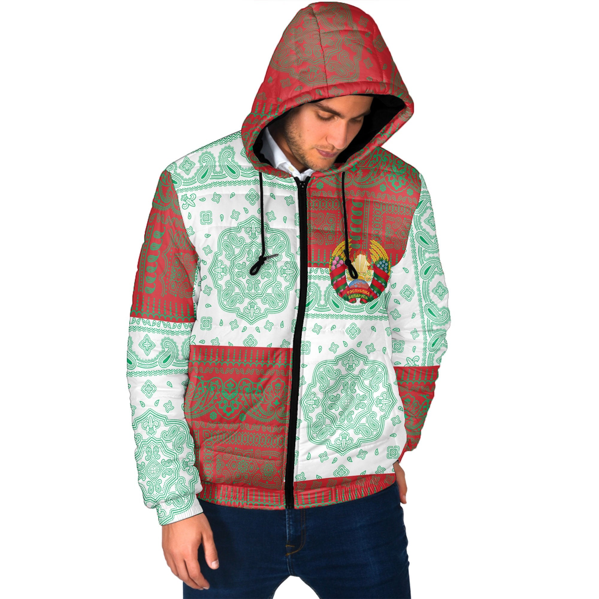 Belarus Men Hooded Padded Jacket Flag And Paisley Basic Style 2