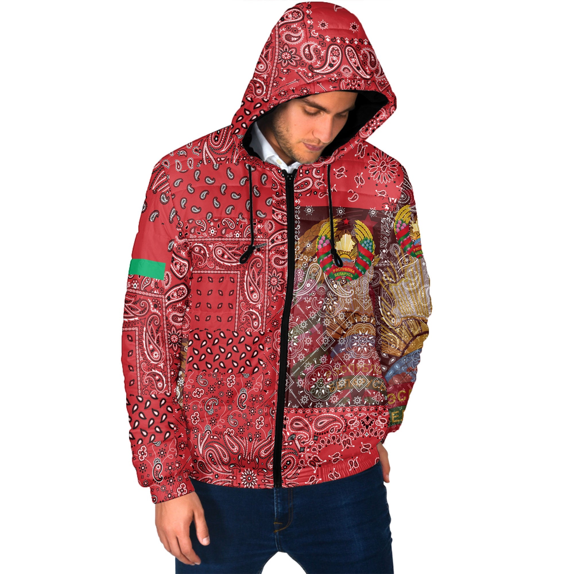 Belarus Men Hooded Padded Jacket Paisley Flag And Skull Style 2