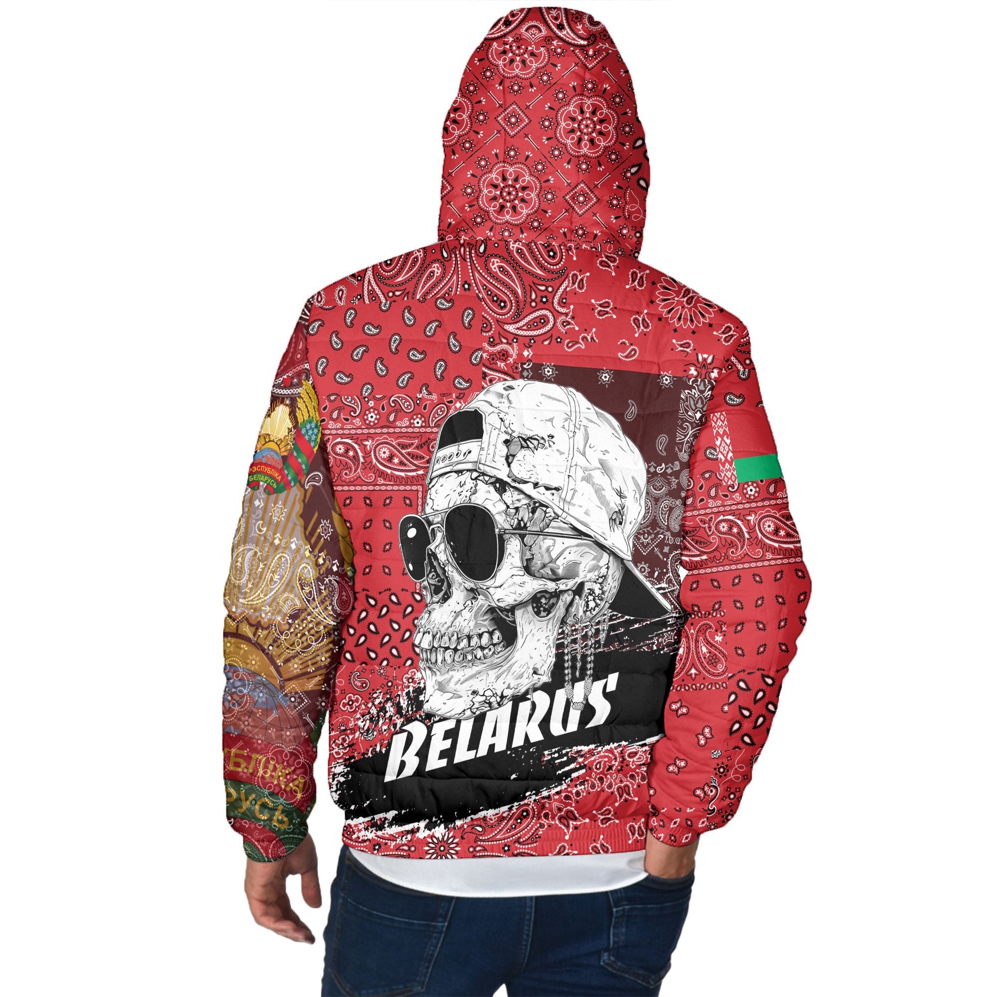 Belarus Men Hooded Padded Jacket Paisley Flag And Skull Style 3