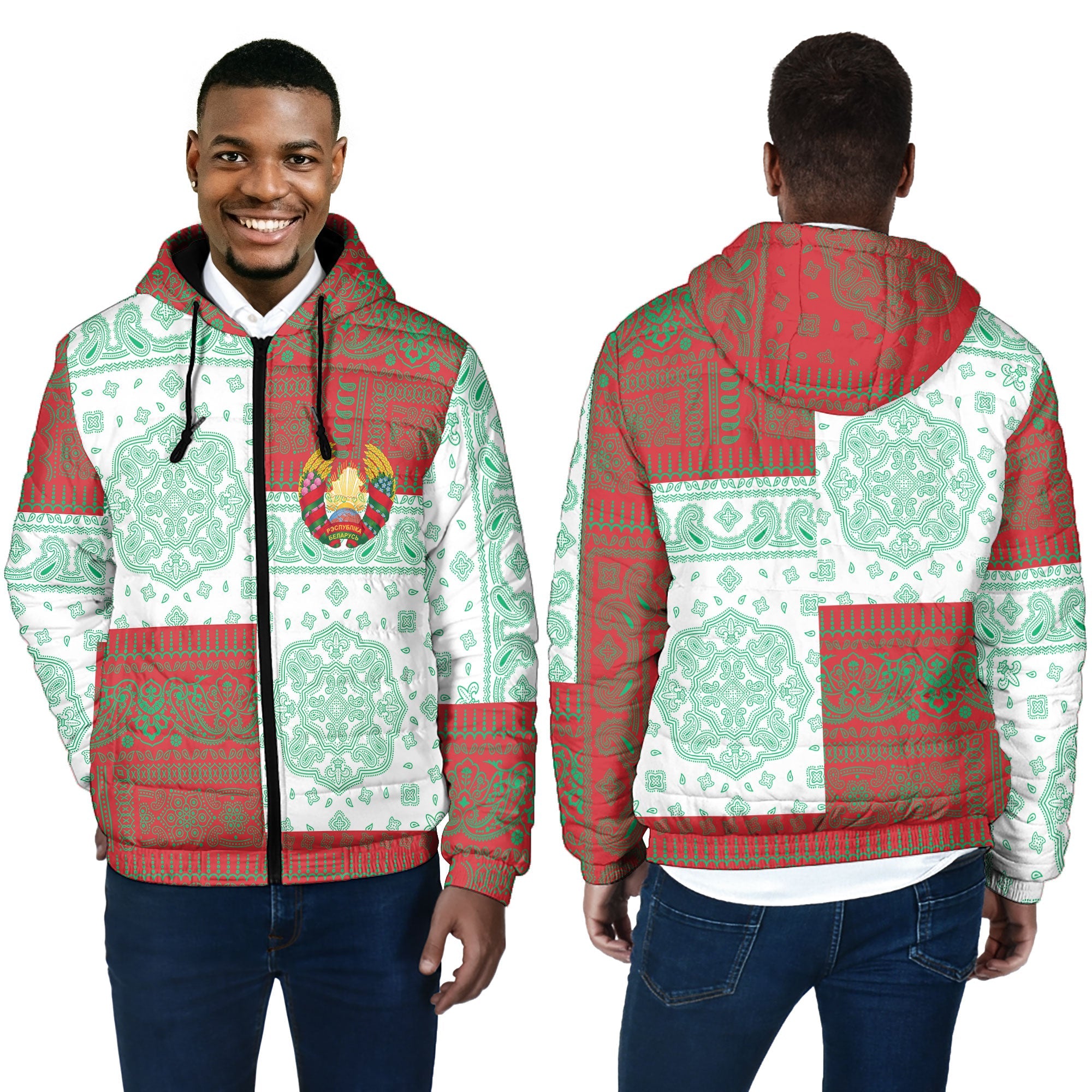 Belarus Men Hooded Padded Jacket Flag And Paisley Basic Style 4