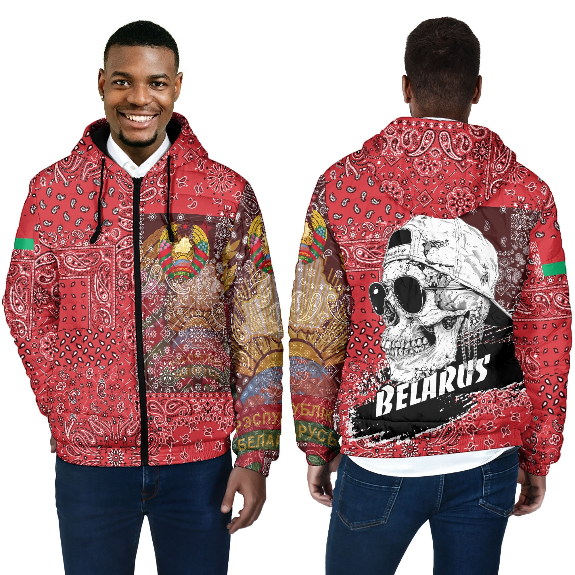 Belarus Men Hooded Padded Jacket Paisley Flag And Skull Style 4