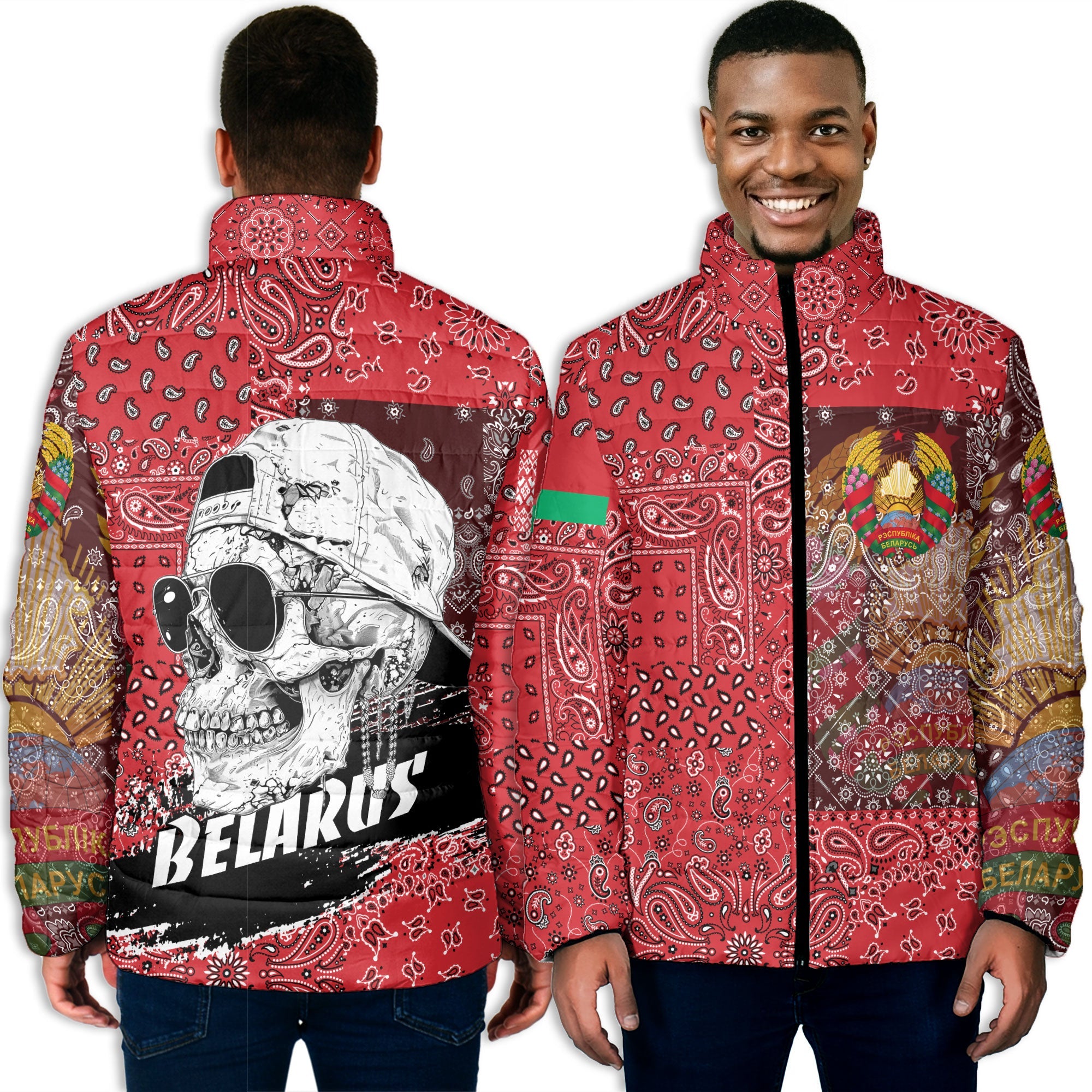 Belarus Men Padded Jacket Paisley Flag And Skull Style 3