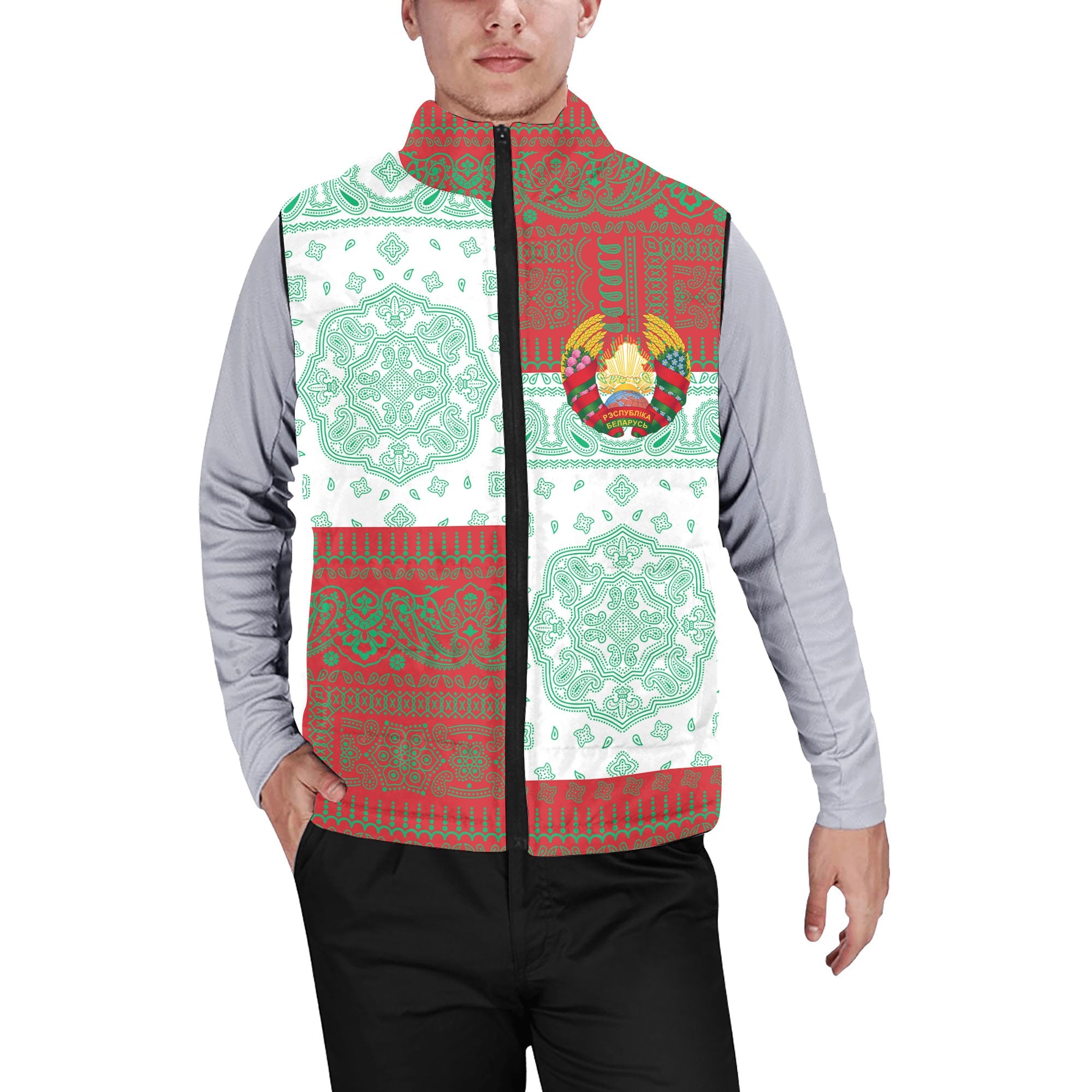 Belarus Men Padded Jacket Vest Flag And Paisley Basic Style 1