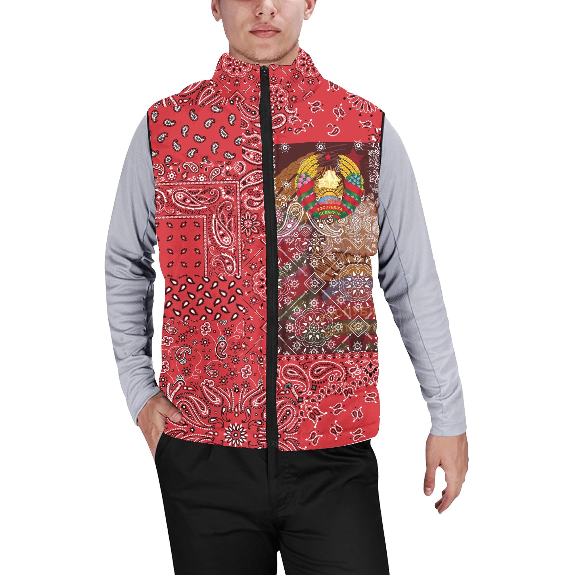 Belarus Men Padded Jacket Vest Paisley Flag And Skull Style 1