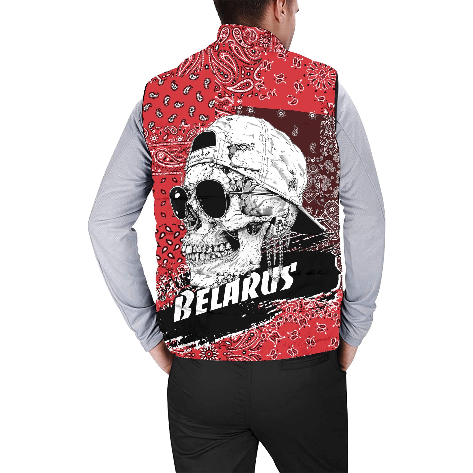 Belarus Men Padded Jacket Vest Paisley Flag And Skull Style 2