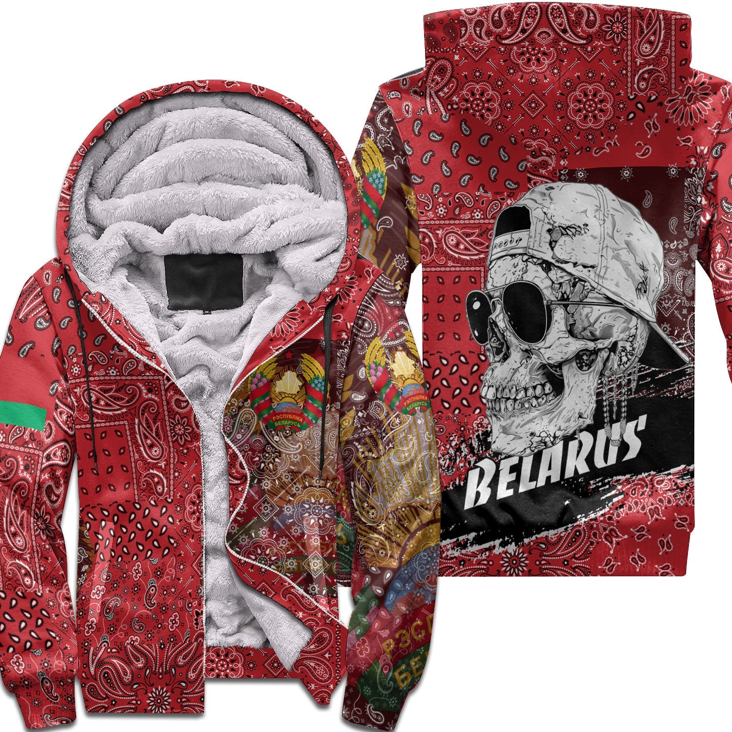 Belarus Sherpa Hoodie Paisley Flag And Skull Style 1