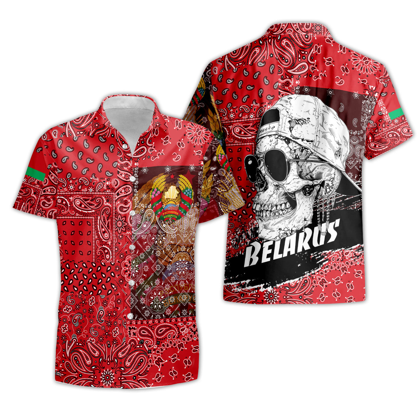 Belarus Short Sleeve Shirt Paisley Flag And Skull Style 3