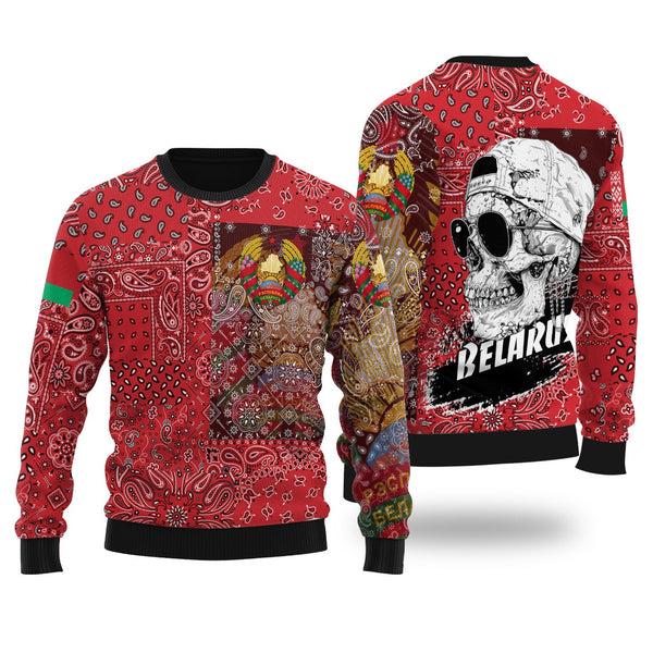 Belarus Ugly Sweater Paisley Flag And Skull Style 1