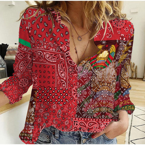 Belarus Women Casual Shirt Paisley Flag And Skull Style 1