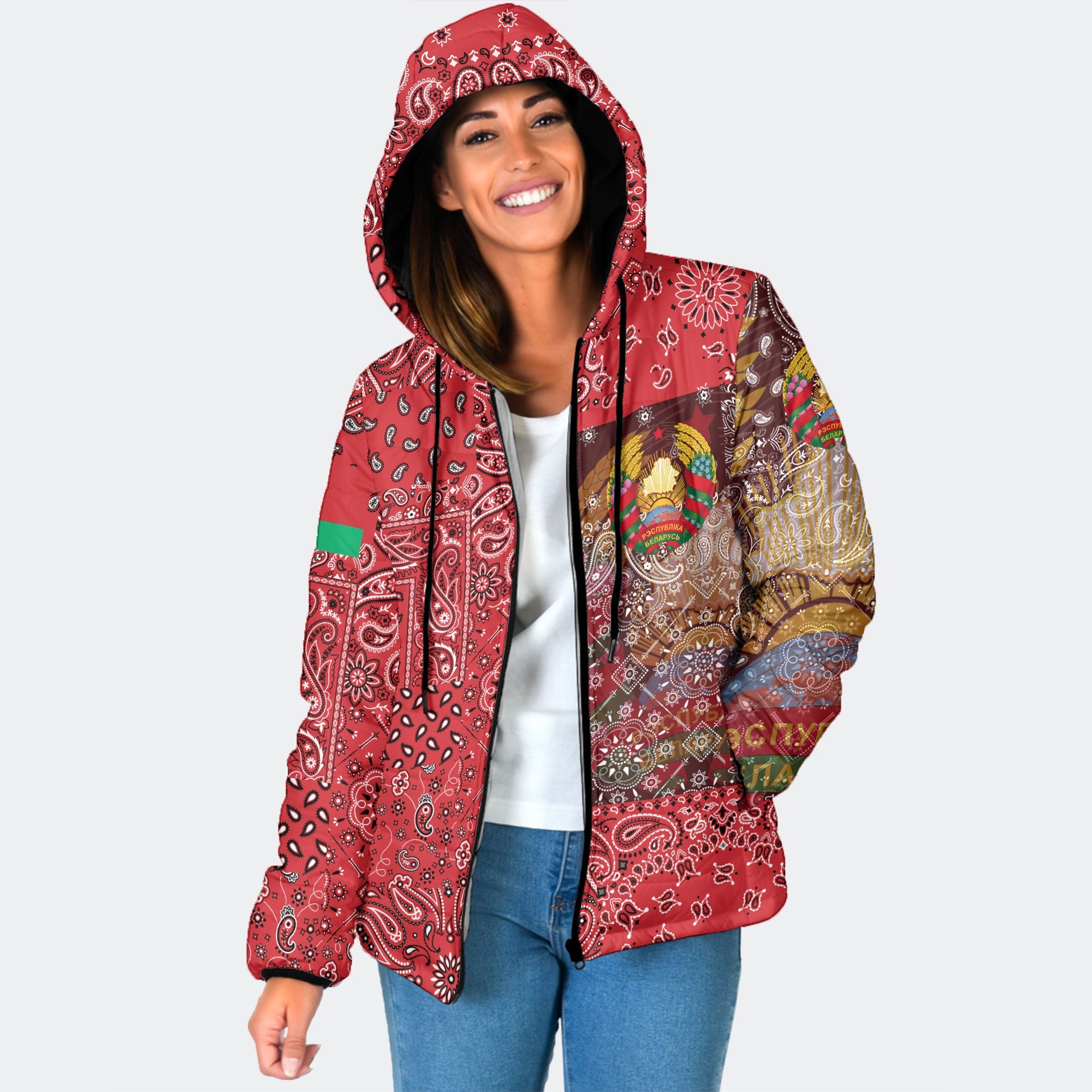 Belarus Women Hooded Padded Jacket Paisley Flag And Skull Style 1