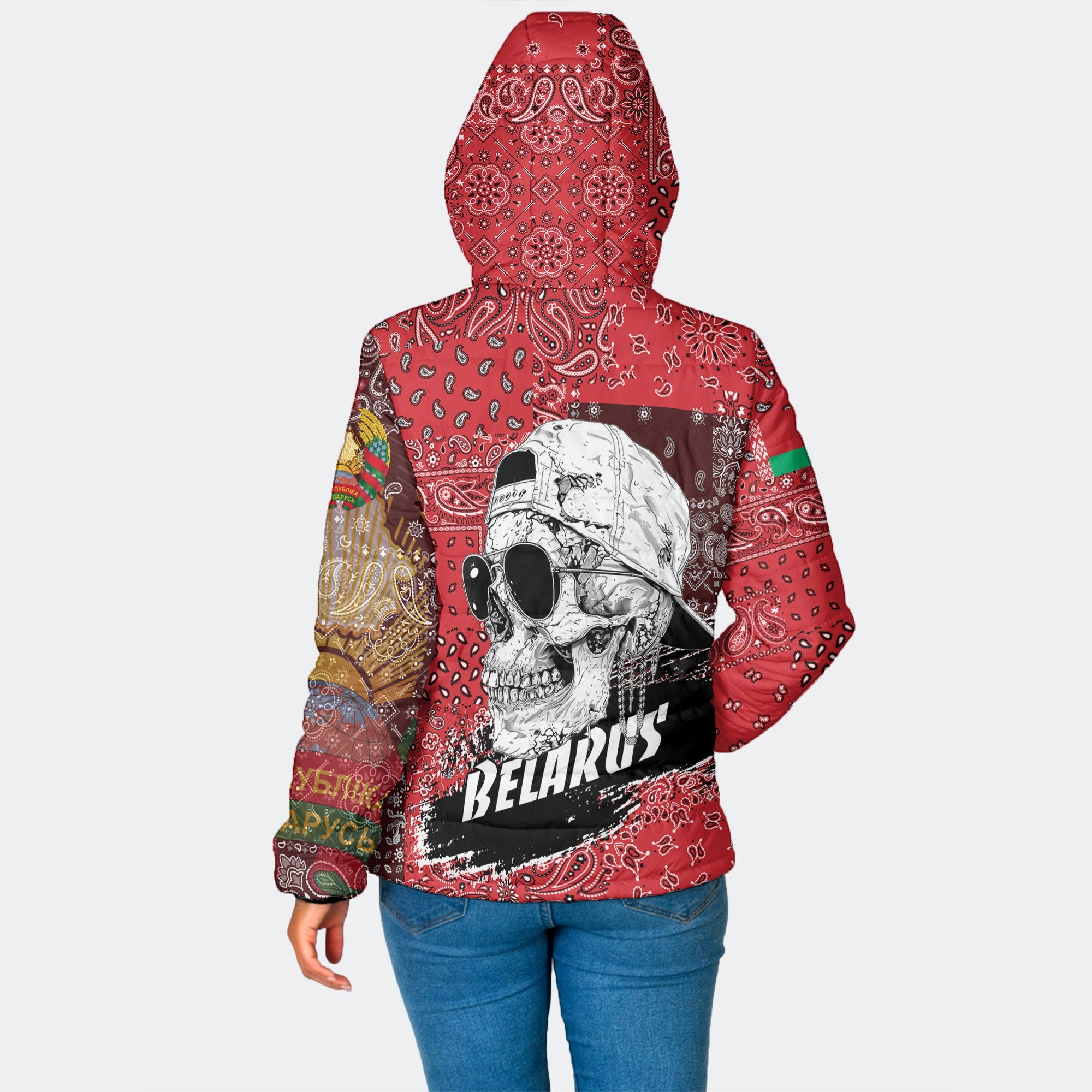 Belarus Women Hooded Padded Jacket Paisley Flag And Skull Style 2