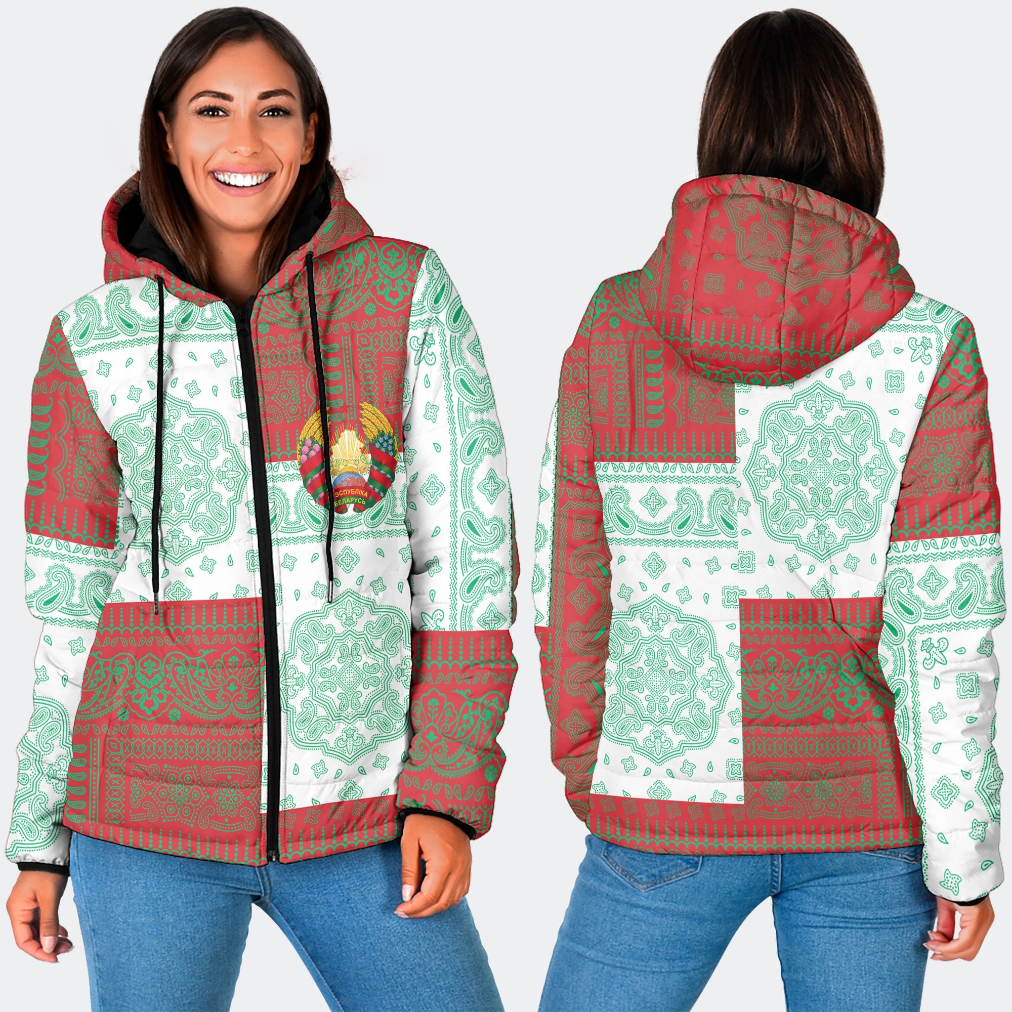 Belarus Women Hooded Padded Jacket Flag And Paisley Basic Style 3