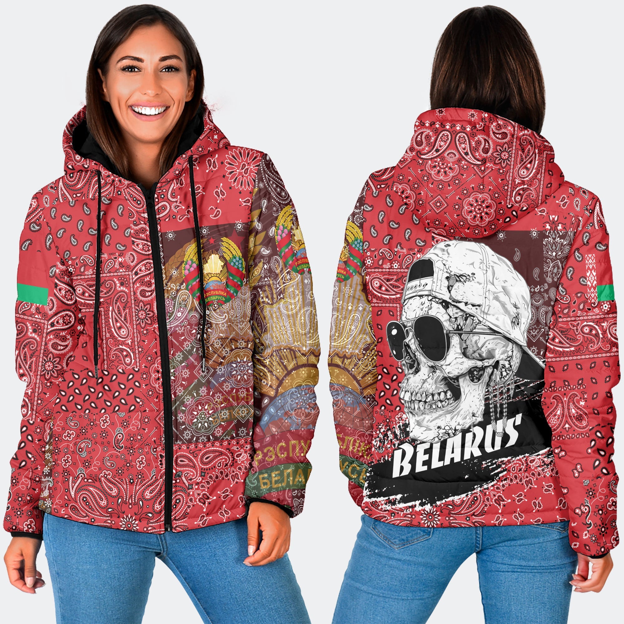 Belarus Women Hooded Padded Jacket Paisley Flag And Skull Style 3