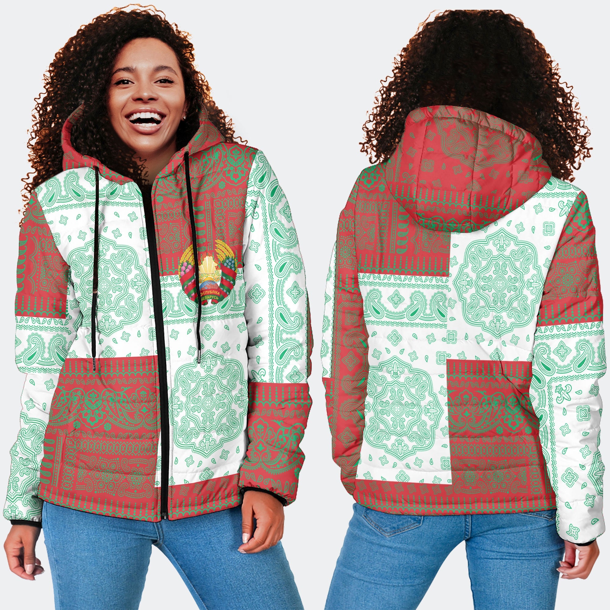 Belarus Women Hooded Padded Jacket Flag And Paisley Basic Style 4