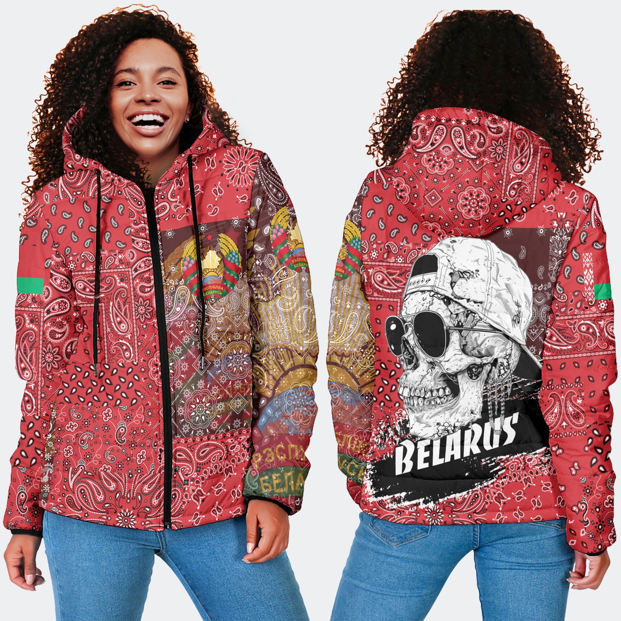 Belarus Women Hooded Padded Jacket Paisley Flag And Skull Style 4