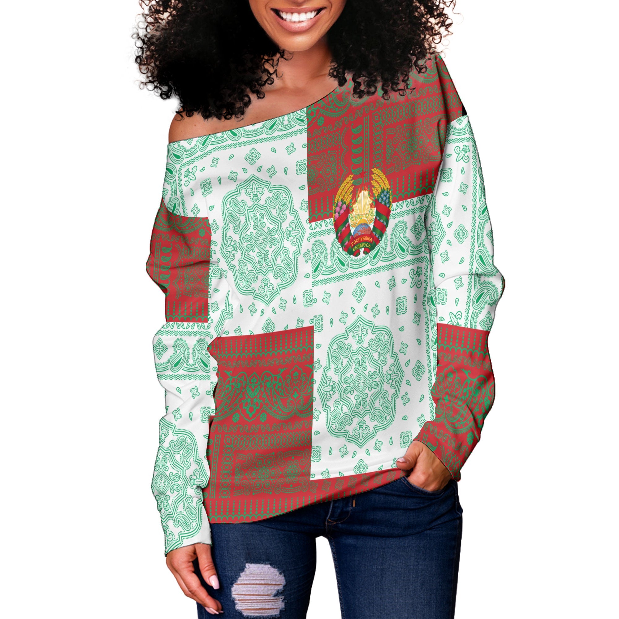 Belarus Women Off Shoulder Sweatshirt Flag And Paisley Basic Style 2