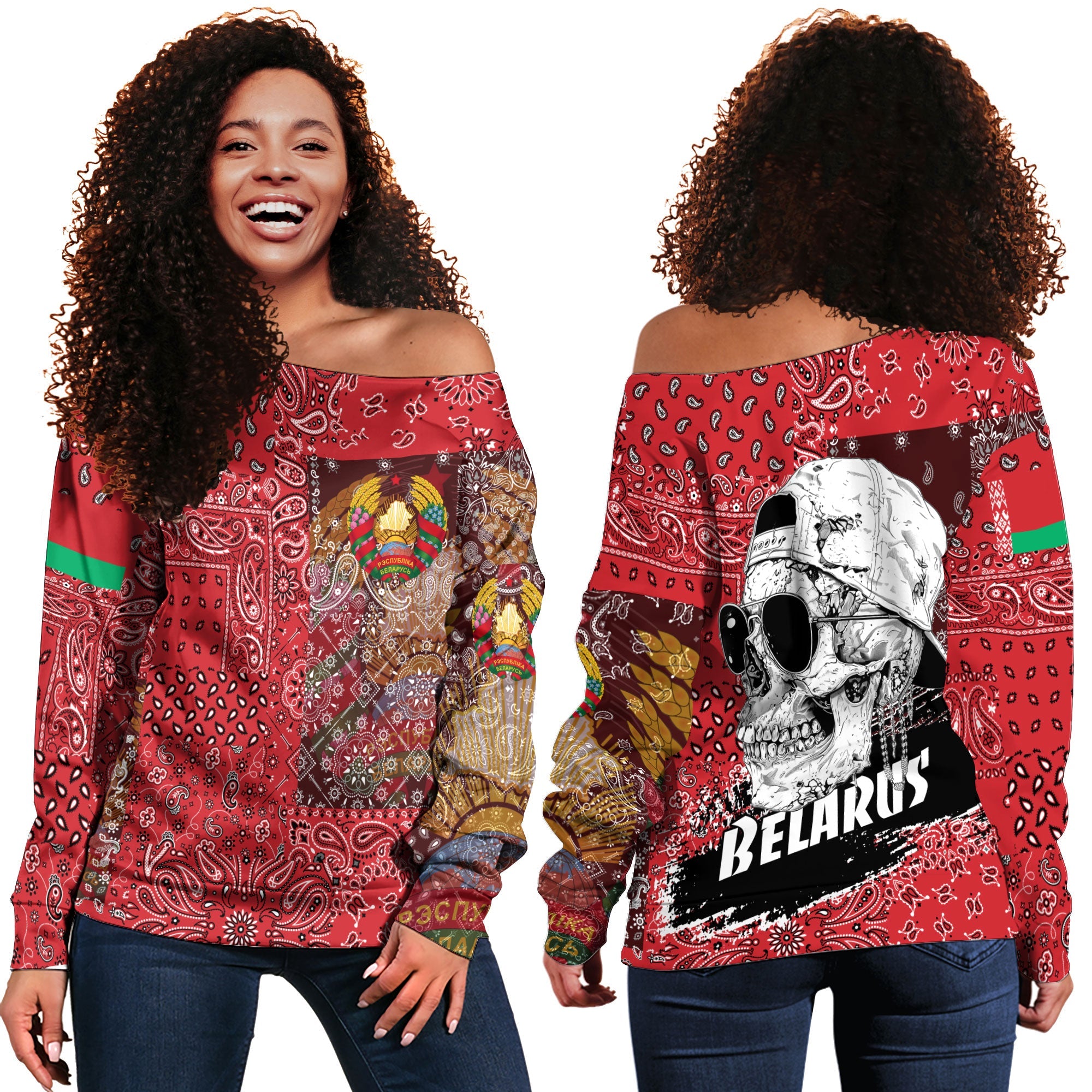 Belarus Women Off Shoulder Sweatshirt Paisley Flag And Skull Style 1