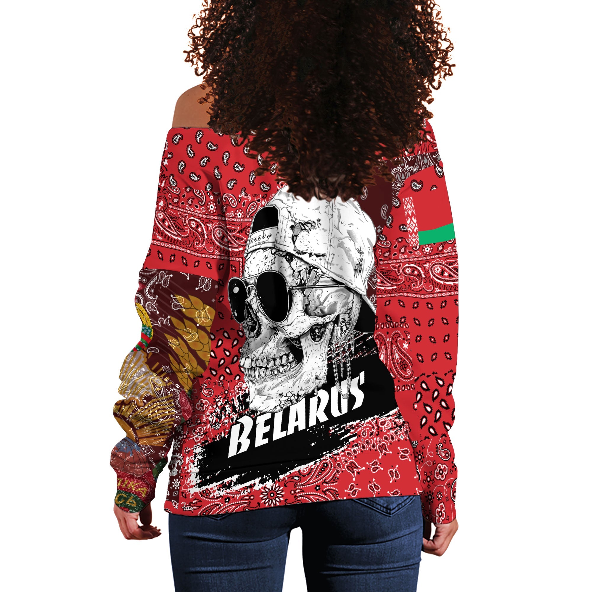 Belarus Women Off Shoulder Sweatshirt Paisley Flag And Skull Style 3