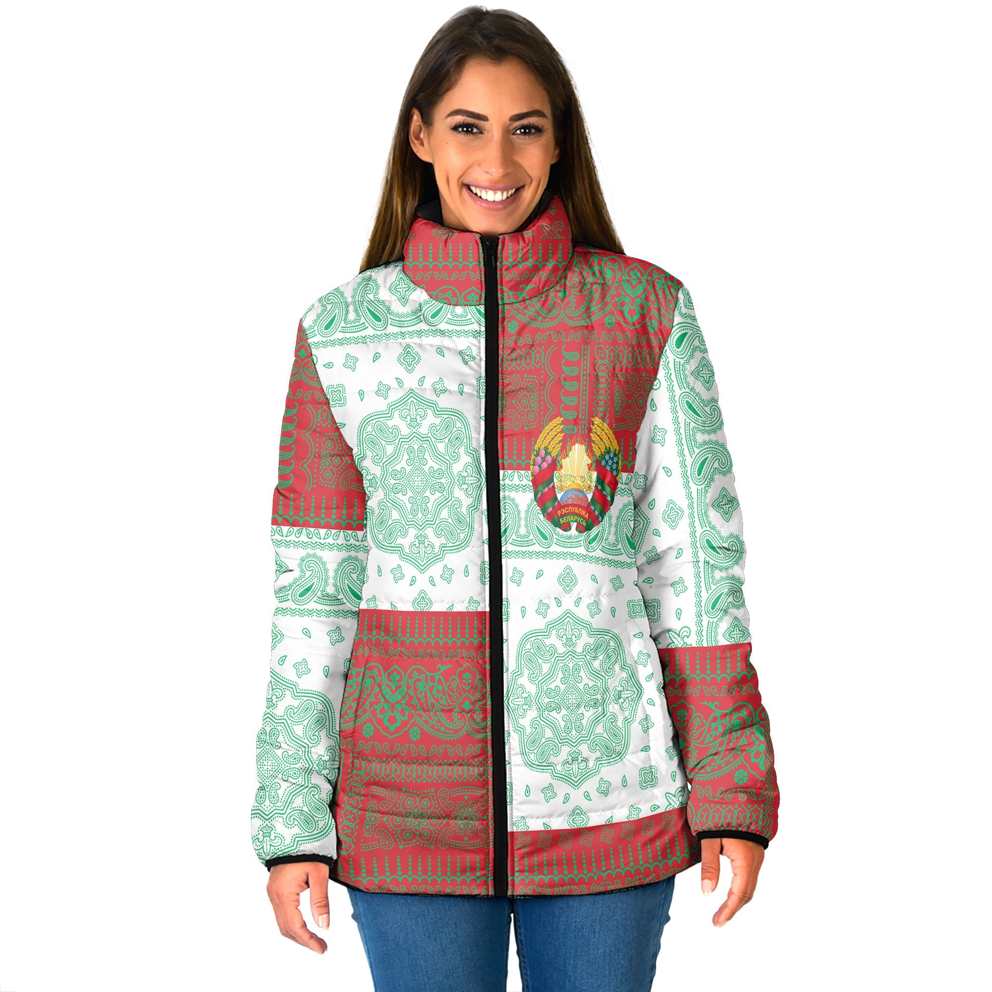 Belarus Women Padded Jacket Flag And Paisley Basic Style 1