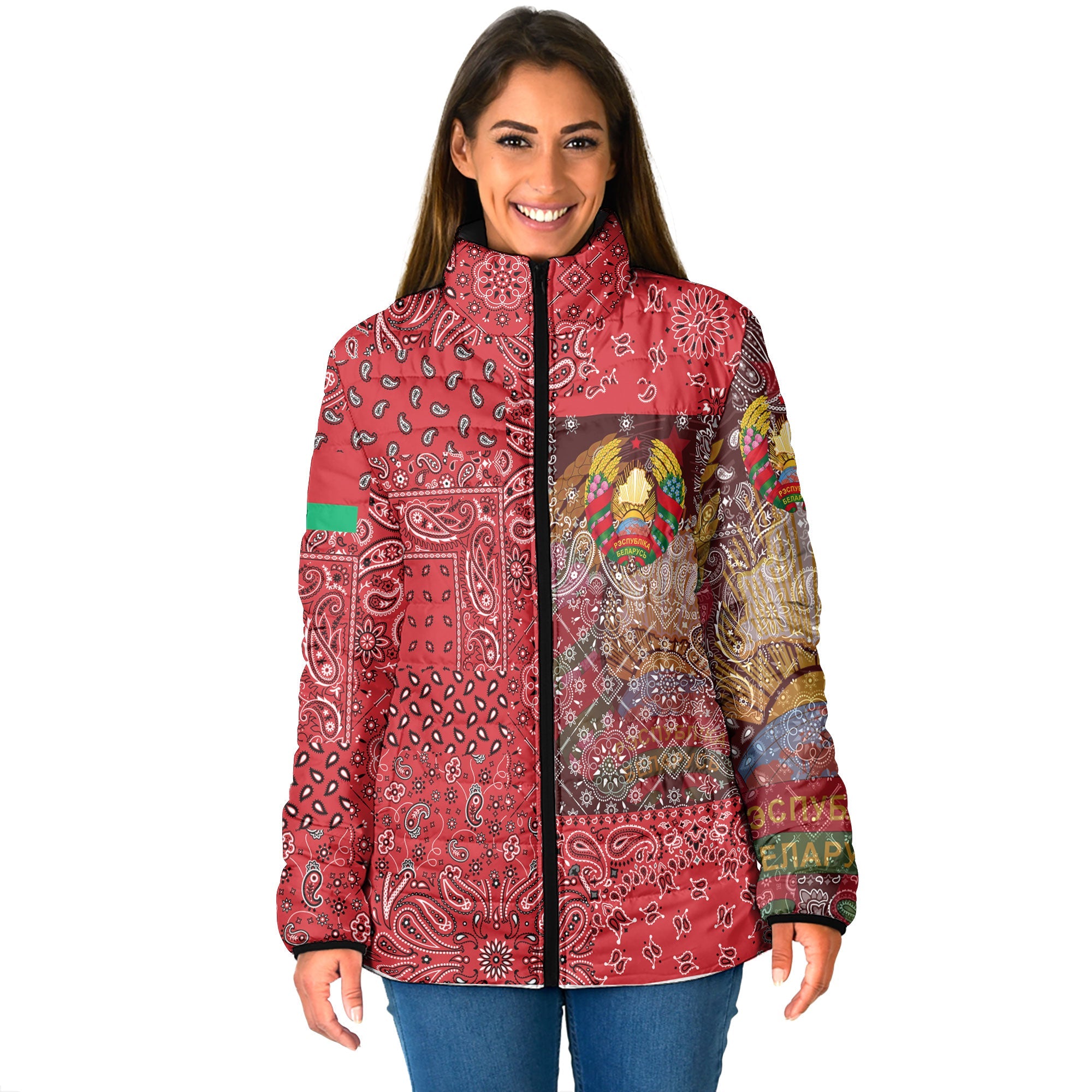 Belarus Women Padded Jacket Paisley Flag And Skull Style 1