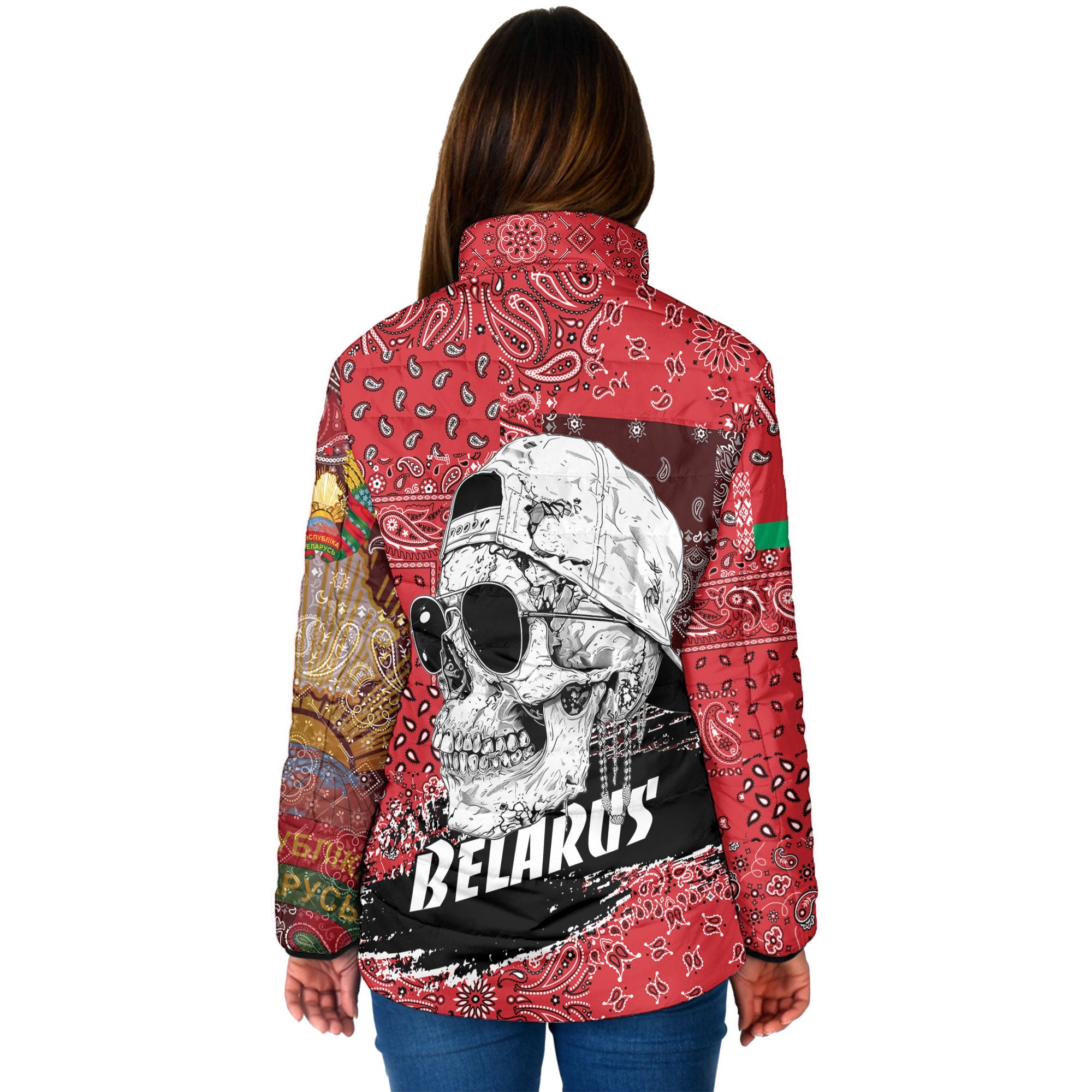 Belarus Women Padded Jacket Paisley Flag And Skull Style 2