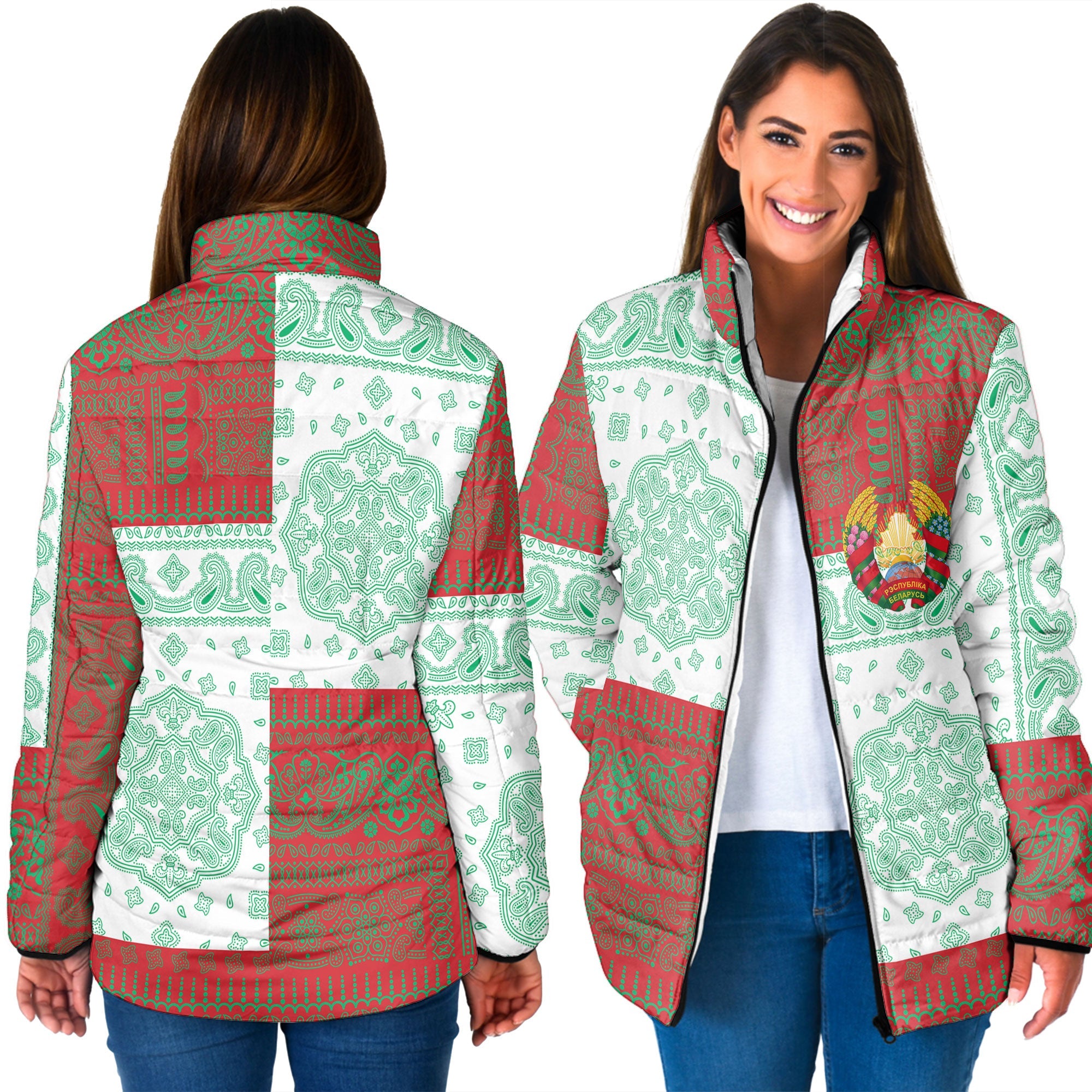 Belarus Women Padded Jacket Flag And Paisley Basic Style 3