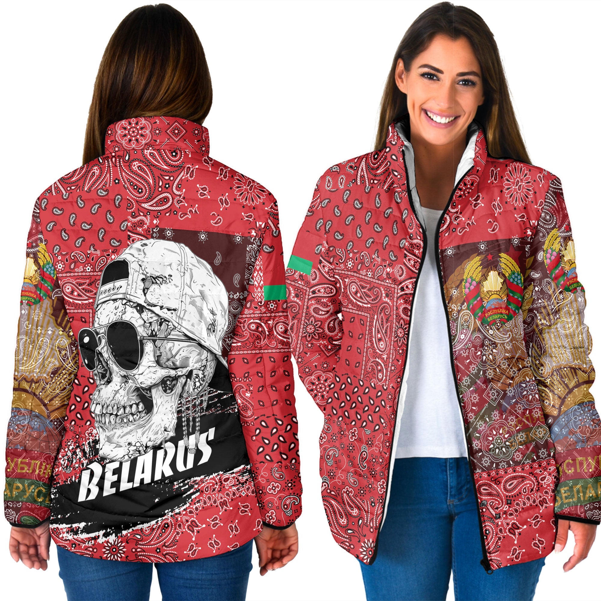 Belarus Women Padded Jacket Paisley Flag And Skull Style 3