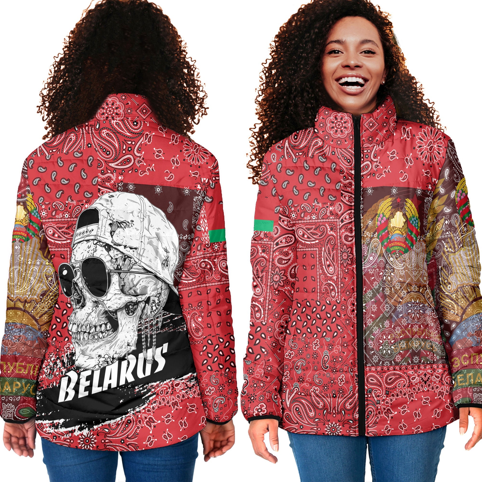 Belarus Women Padded Jacket Paisley Flag And Skull Style 4