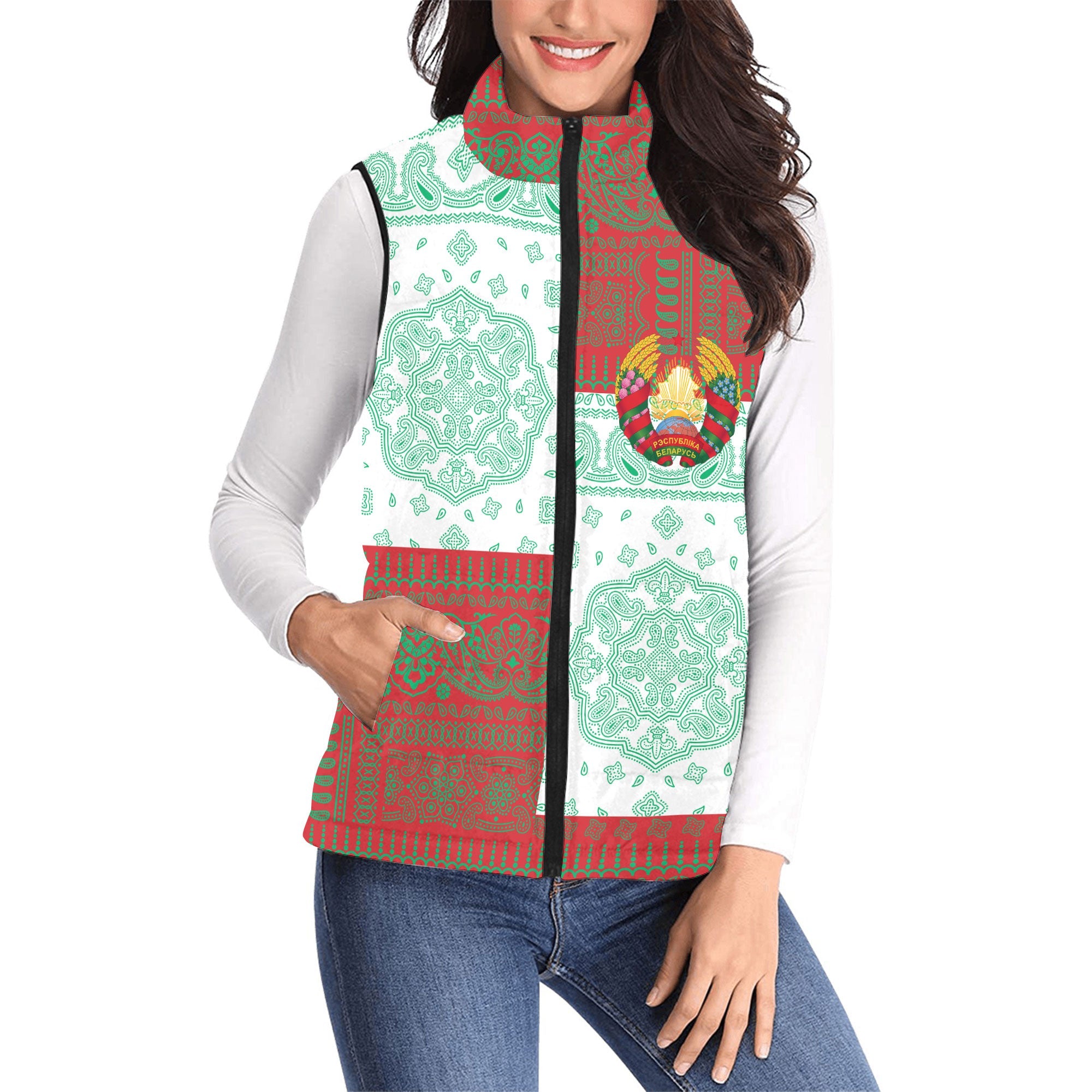 Belarus Women Padded Jacket Vest Flag And Paisley Basic Style 1