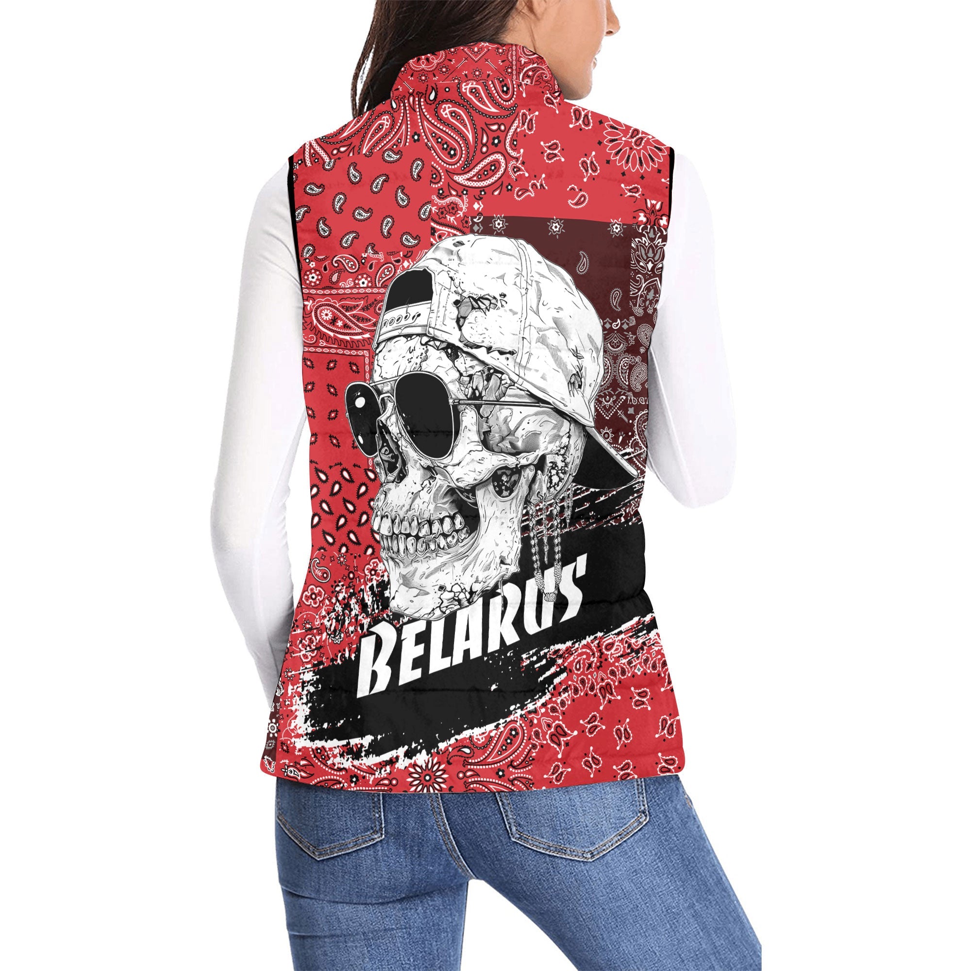 Belarus Women Padded Jacket Vest Paisley Flag And Skull Style 2