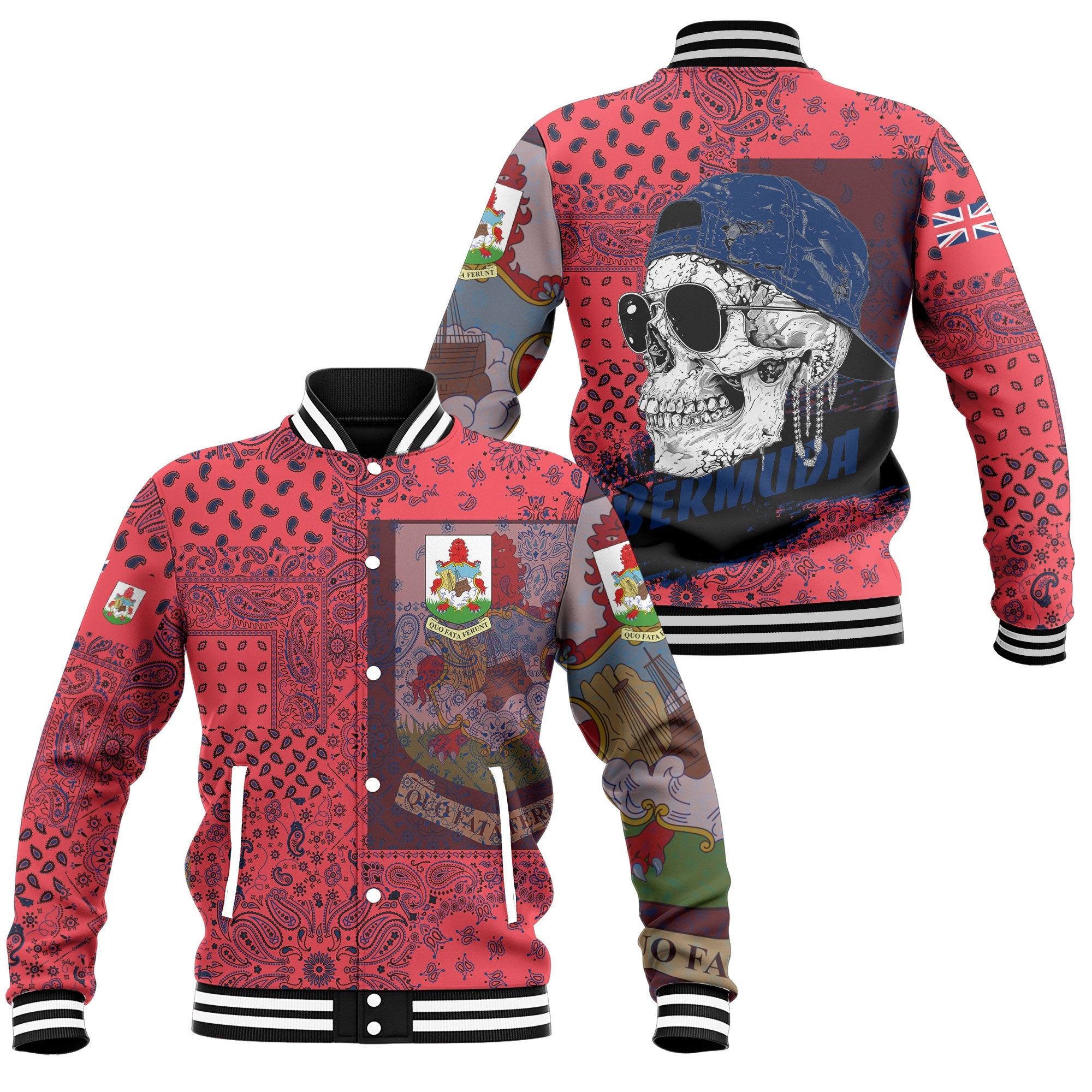 Bermuda Baseball Jacket Paisley Flag And Skull Style 1