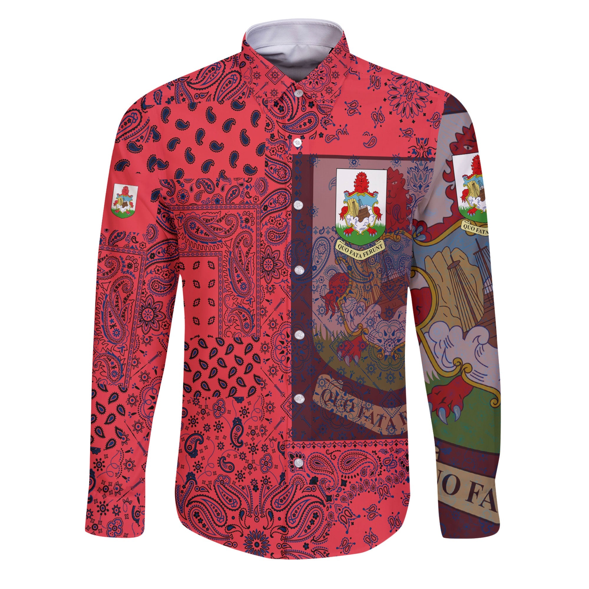 Bermuda Long Sleeve Button Shirt Paisley Flag And Skull Style 1