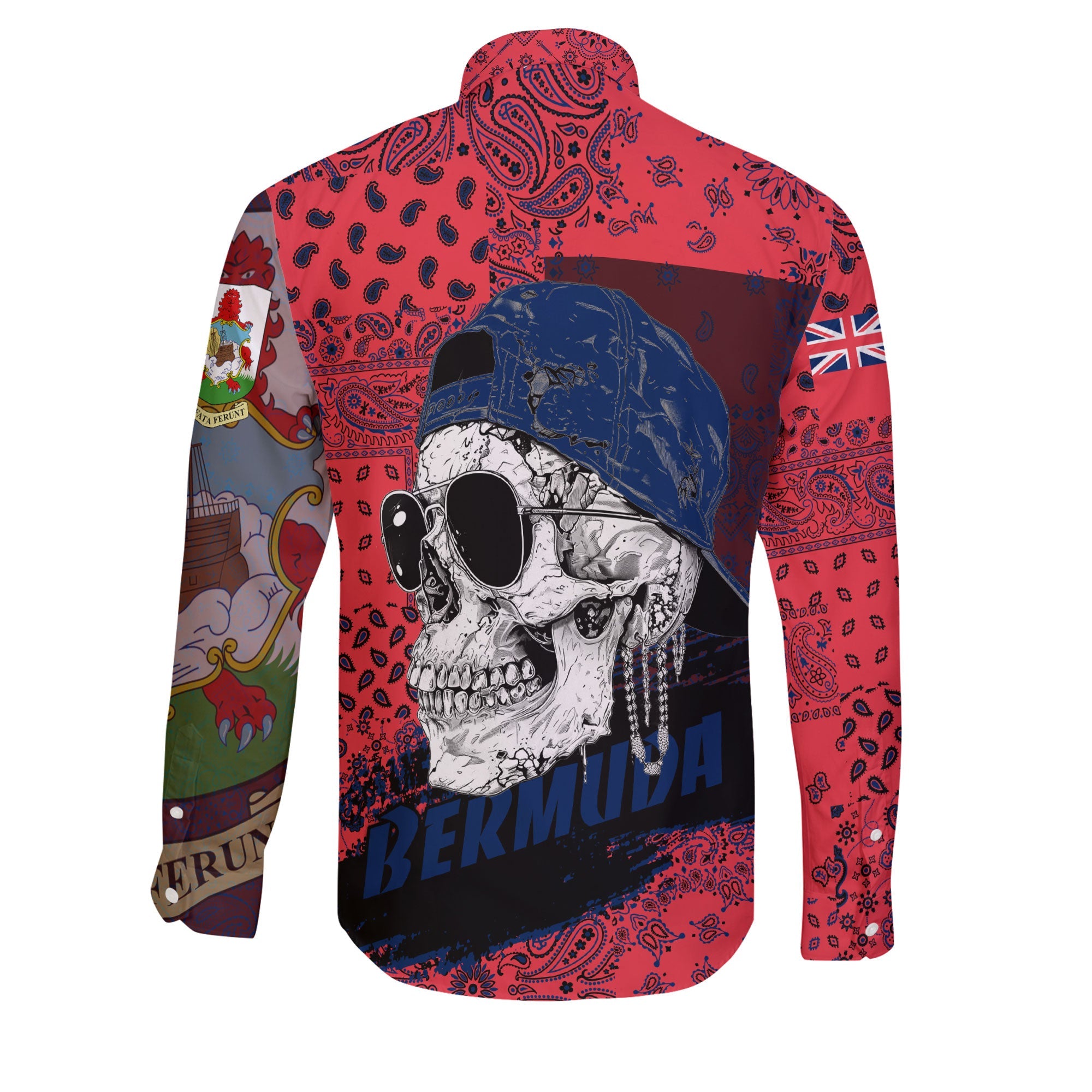 Bermuda Long Sleeve Button Shirt Paisley Flag And Skull Style 2