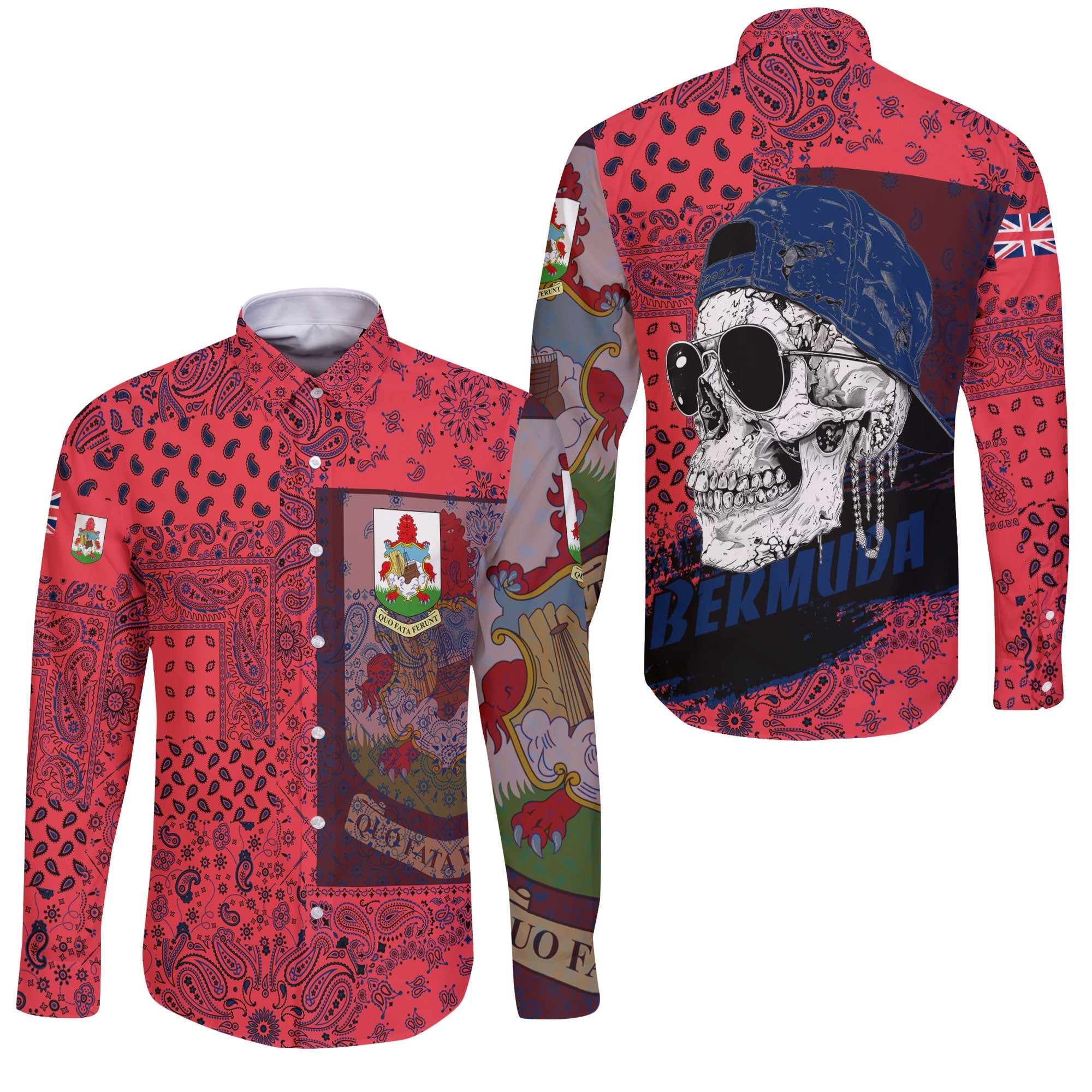 Bermuda Long Sleeve Button Shirt Paisley Flag And Skull Style 3