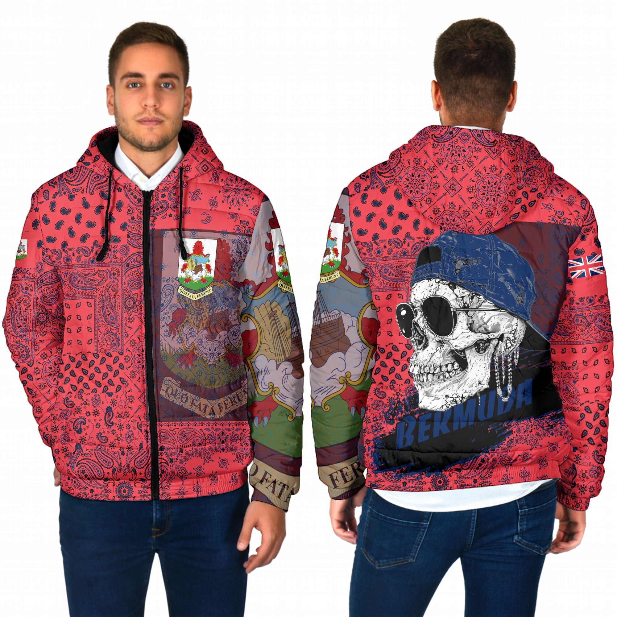 Bermuda Men Hooded Padded Jacket Paisley Flag And Skull Style 1