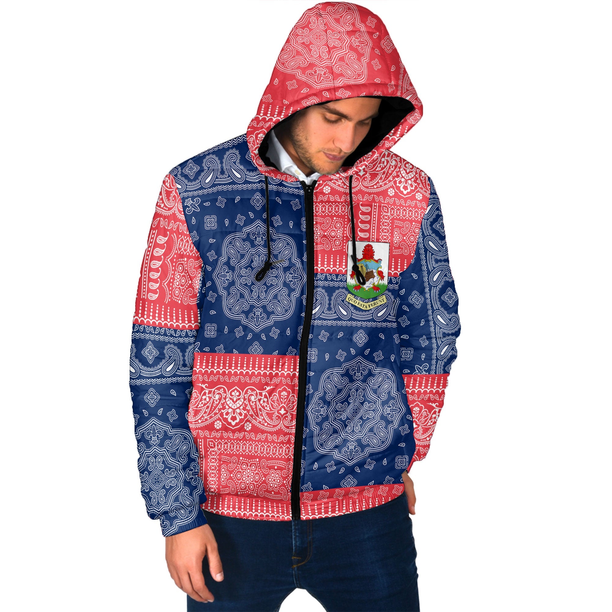 Bermuda Men Hooded Padded Jacket Flag And Paisley Basic Style 2