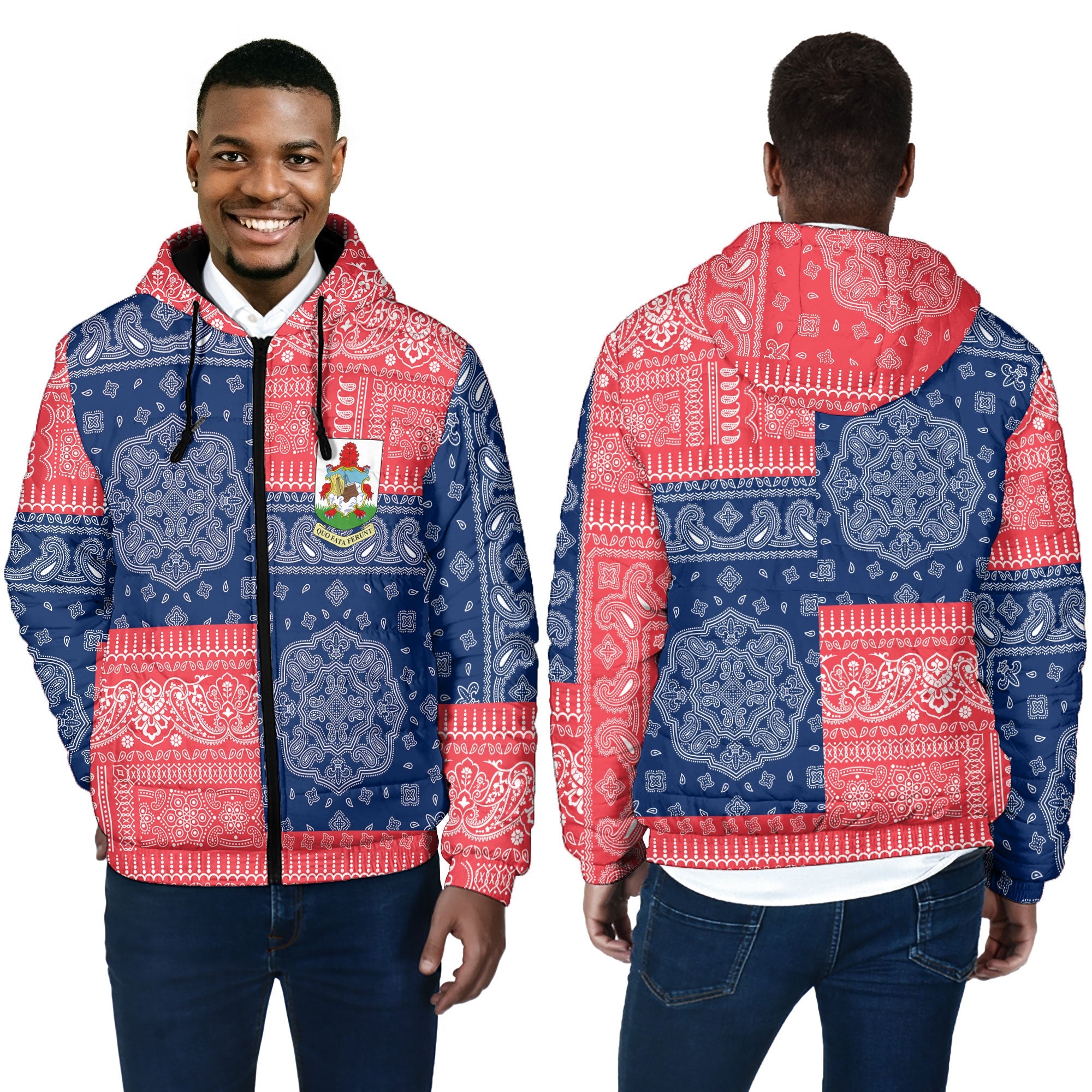 Bermuda Men Hooded Padded Jacket Flag And Paisley Basic Style 4