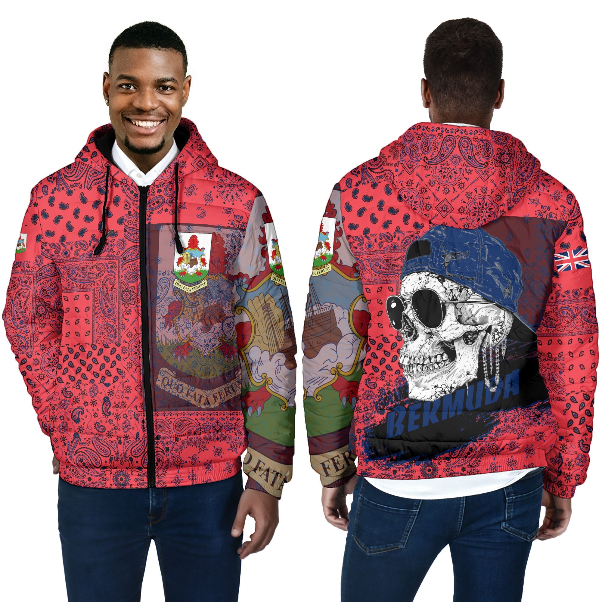 Bermuda Men Hooded Padded Jacket Paisley Flag And Skull Style 4