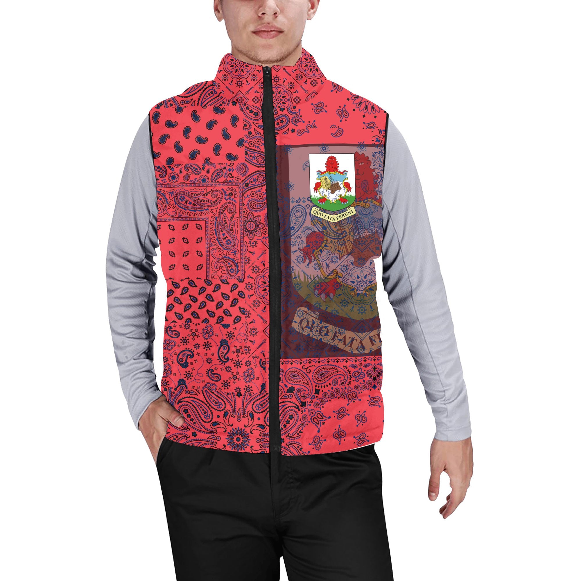 Bermuda Men Padded Jacket Vest Paisley Flag And Skull Style 1