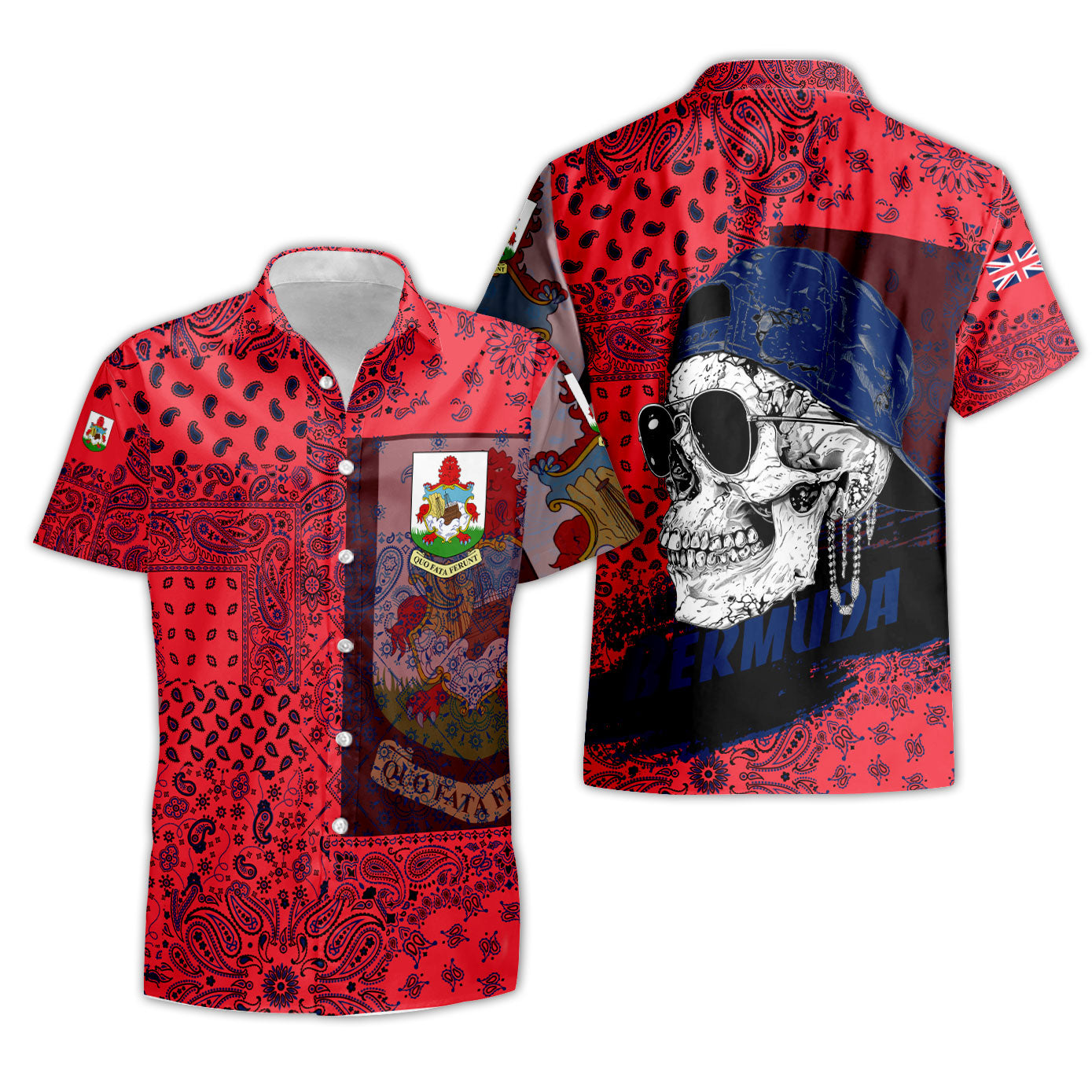 Bermuda Short Sleeve Shirt Paisley Flag And Skull Style 3