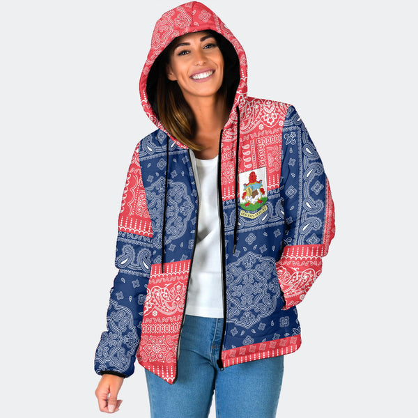 Bermuda Women Hooded Padded Jacket Flag And Paisley Basic Style 1