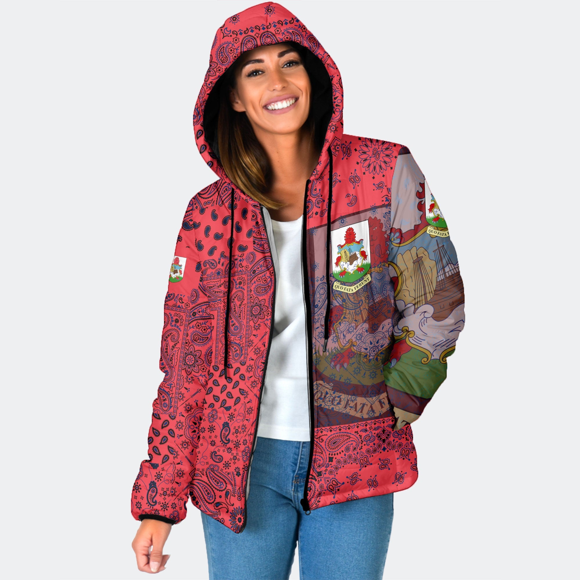 Bermuda Women Hooded Padded Jacket Paisley Flag And Skull Style 1