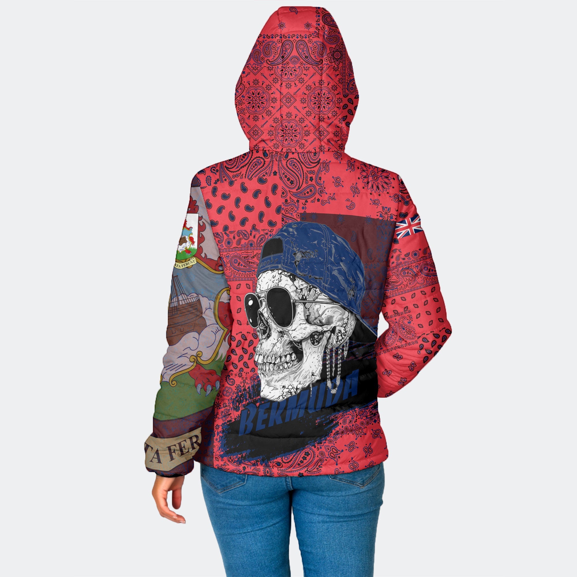 Bermuda Women Hooded Padded Jacket Paisley Flag And Skull Style 2