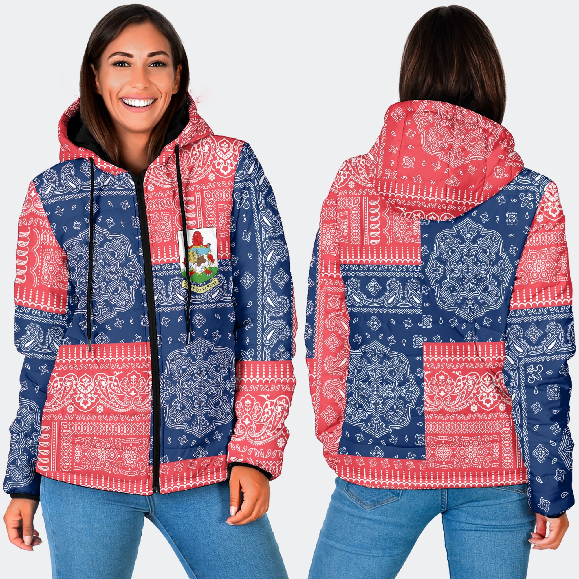 Bermuda Women Hooded Padded Jacket Flag And Paisley Basic Style 3