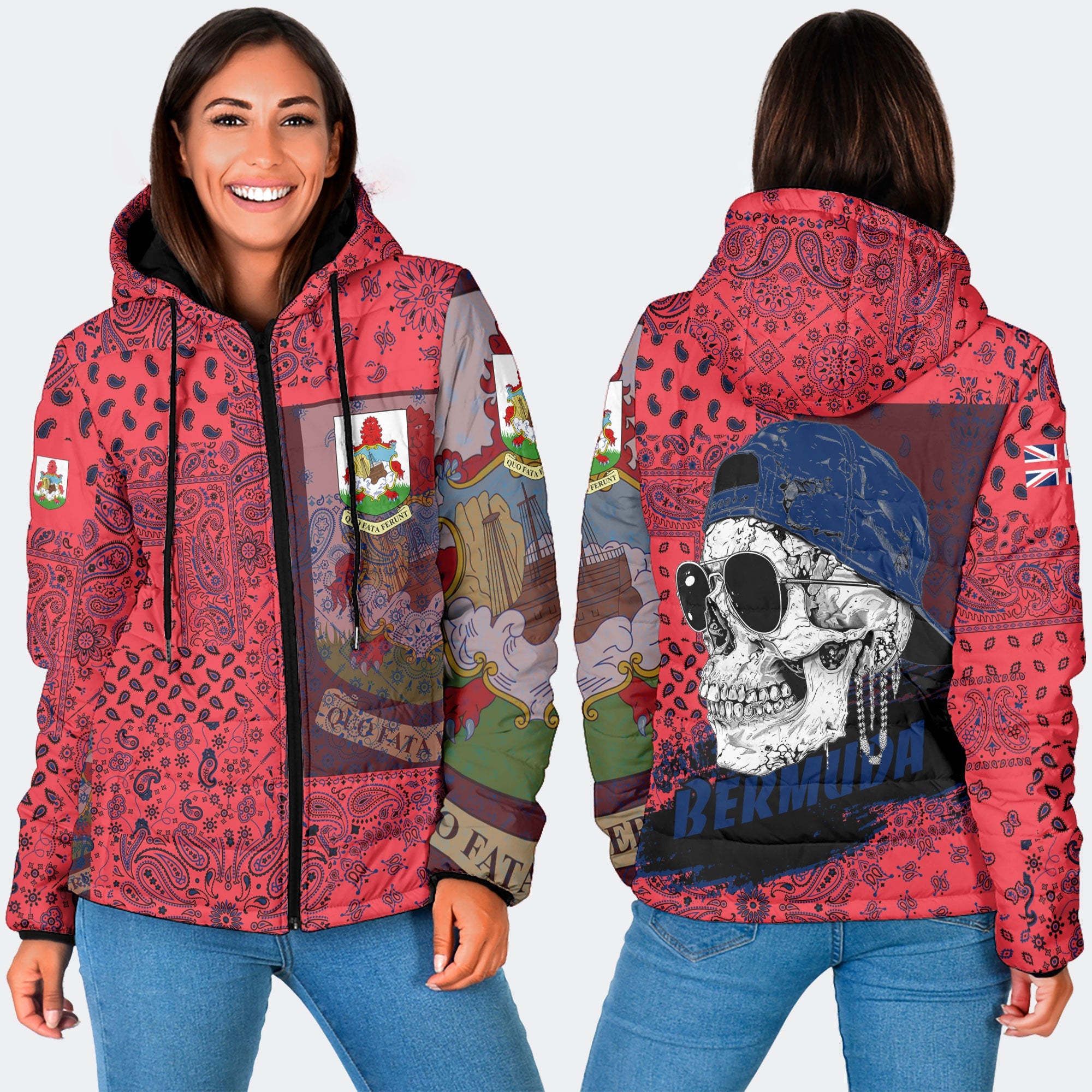 Bermuda Women Hooded Padded Jacket Paisley Flag And Skull Style 3